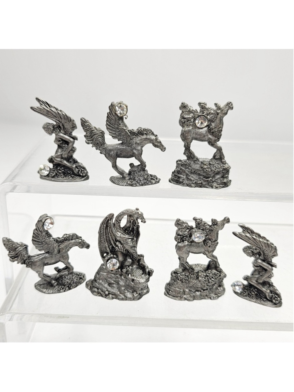7 Miniature Pewter Fantasy Figurines Dragon Pegasus Fairy Rhinestone Accents